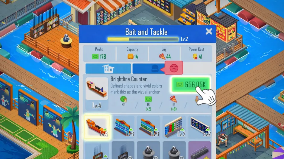 Negozio Bait and Tackle al livello 2 con rendita 178, capacità 14, gradimento 44 e un bancone da 556,05 K