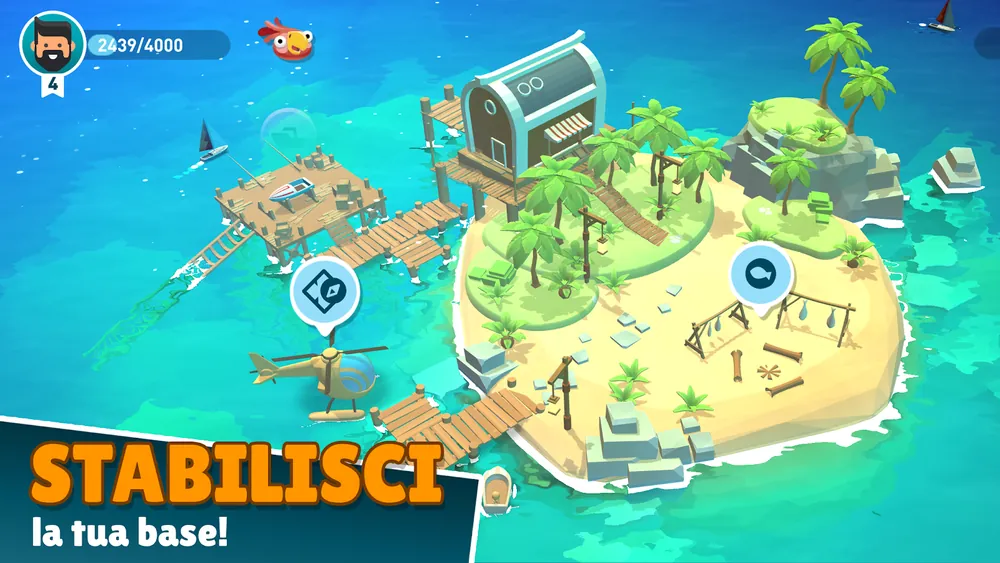 Base su un'isola tropicale con molo, capannone, rastrelliere e un elicottero, livello 4 con 2439 punti su 4000