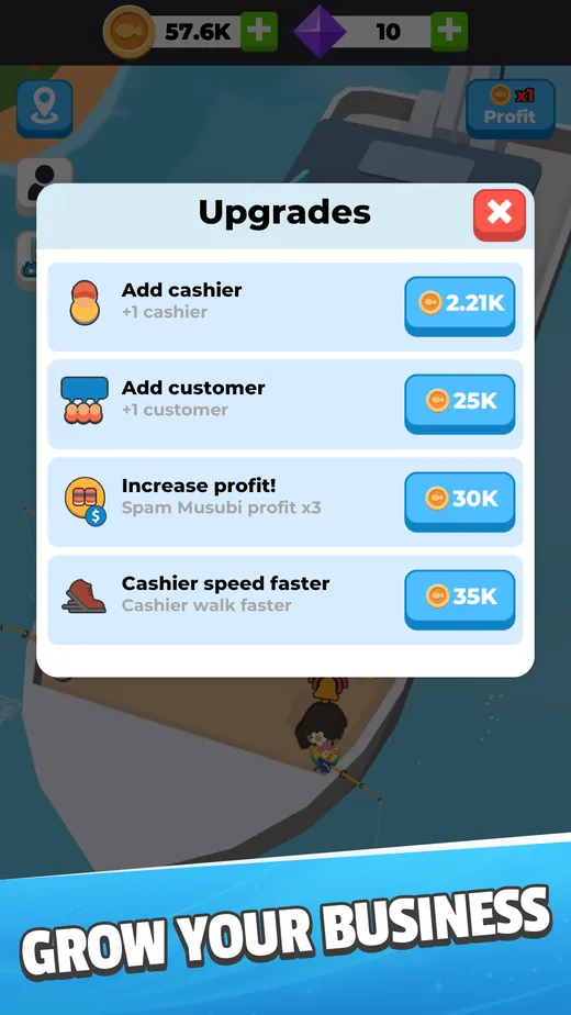 Pannello Upgrades con aggiunta cassiere a 2,21 K, cliente a 25 K, piatto Spam Musubi ×3 a 30 K e cassiere più veloce a 35 K