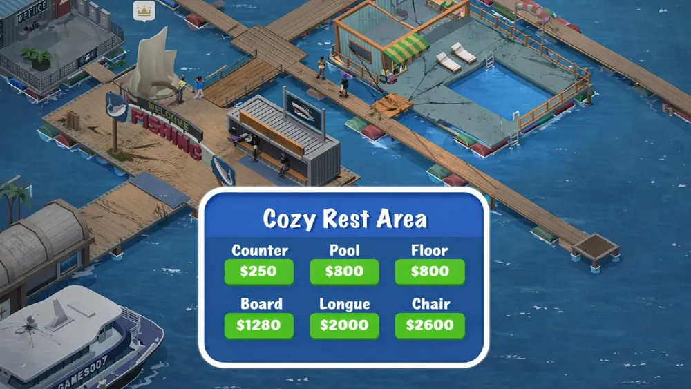 Pannello Cozy Rest Area con Counter 250, Pool 800, Floor 800, Board 1280, Longue 2000 e Chair 2600