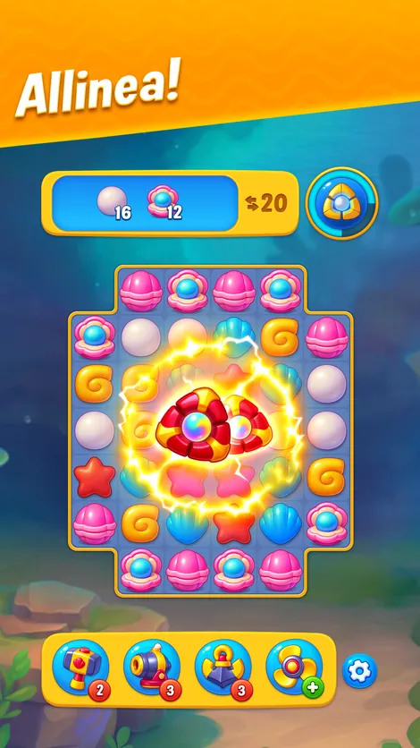 Livello match-3 con obiettivo di 16 perle e 12 conchiglie, ricompensa 20 e quattro aiuti in basso
