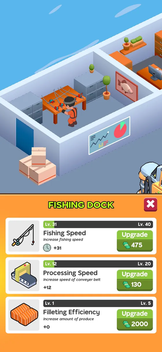 Pannello Fishing Dock con velocità di pesca al livello 31 su 40, nastro al 12 su 20 e filettatura al livello 1