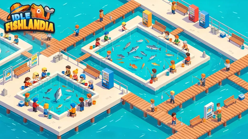 Vista dall'alto di un resort di pesca con moli di legno, piscine e casette colorate in Idle Fishlandia