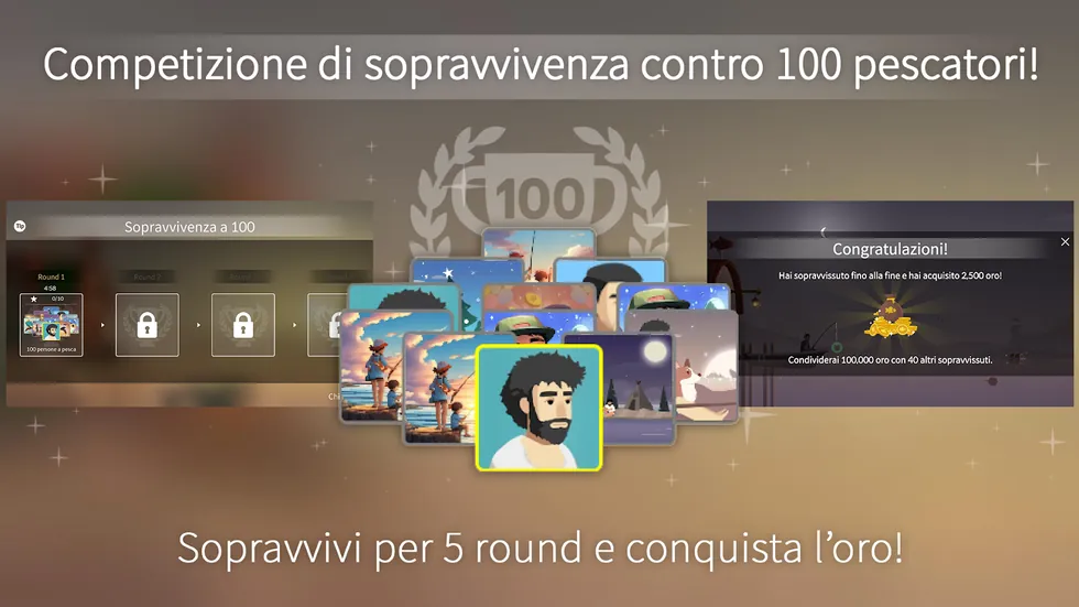 Schermata della sopravvivenza a 100 con i round bloccati e il messaggio che divide 100.000 oro tra i sopravvissuti