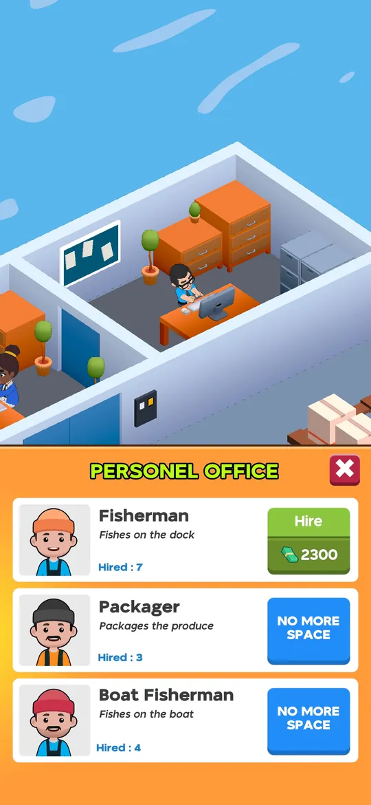 Pannello del personale di Mercato Pesce: Idle con un solo pulsante verde per assumere e due ruoli già al limite